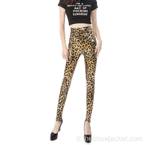 Pantaloni di pelle attillati con stampa leopardata di vendita calda da donna